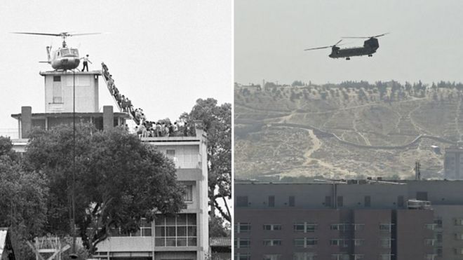 Composite image of a helicopter landing on the roof of the US embassy in Kabul in 2021 and a helicopter parked on the roof of the US embassy in Saigon in 1975