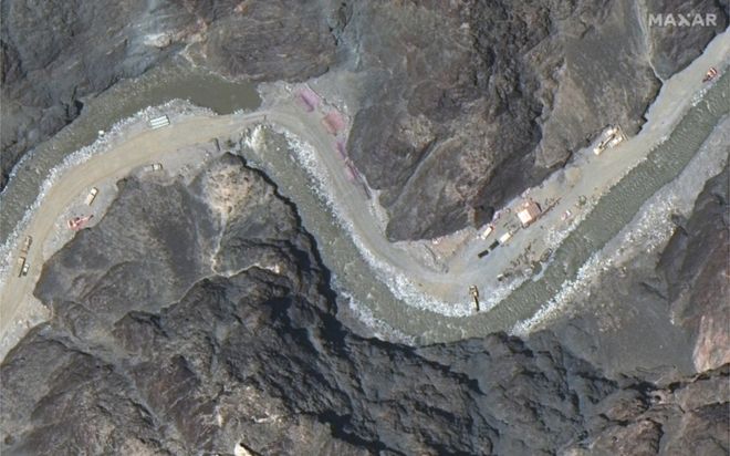 A satellite image shows close up view of road construction near the Line of Actual Control (LAC) border in the eastern Ladakh sector of Galwan Valley, 22 June, 2020.