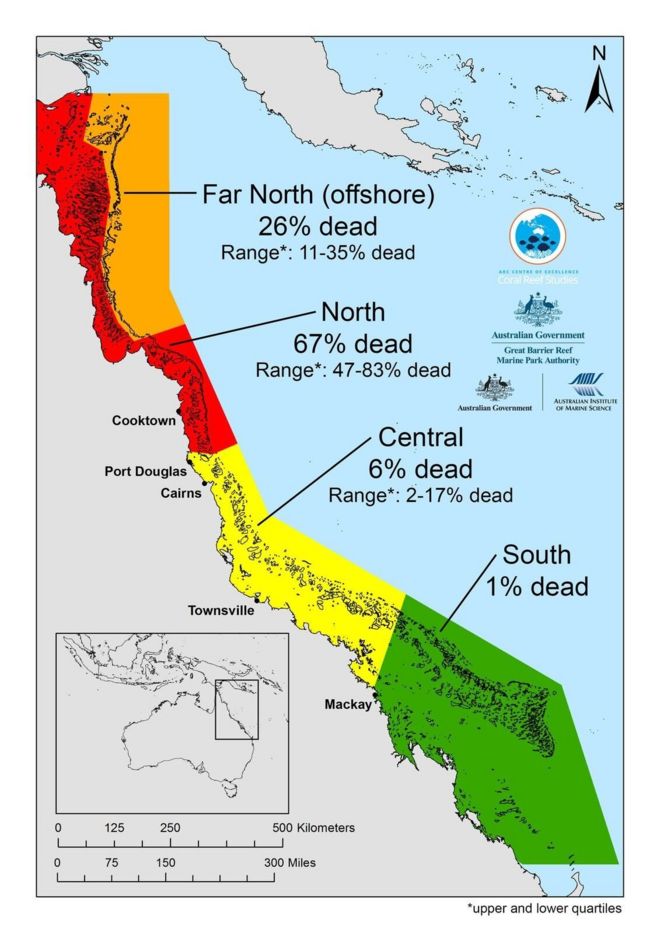 Карта, детализирующая потери кораллов на Большом Барьерном рифе, показывает, как смертность сильно варьируется с севера на юг