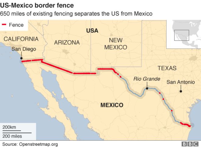 Карта, показывающая, где уже есть забор между границей США и Мексики