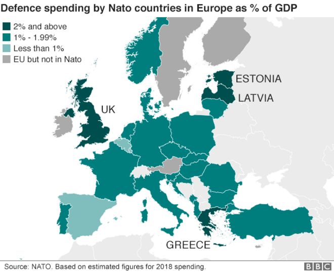 Карта, показывающая расходы на оборону в процентах от ВВП стран-членов НАТО в Европе
