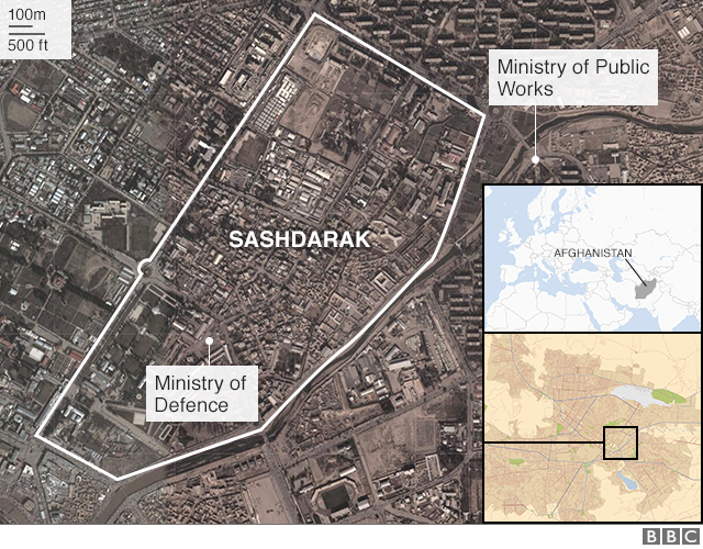 Карта с изображением Сашдаракского района и месторасположения Министерства обороны в нем. Сразу за границей находится министерство общественных работ.