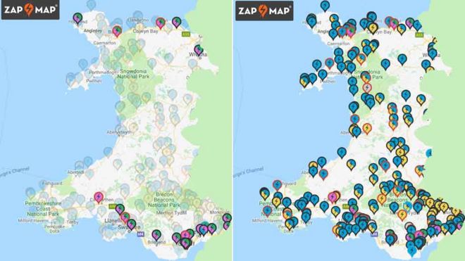 Zap Карта пунктов зарядки в Уэльсе в апреле 2018 года