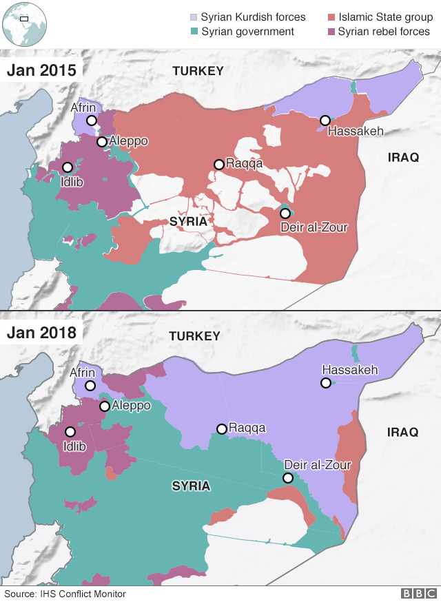 Карта, показывающая изменения в контроле над Ираком и Сирией в период с января 2015 года по январь 2018 года