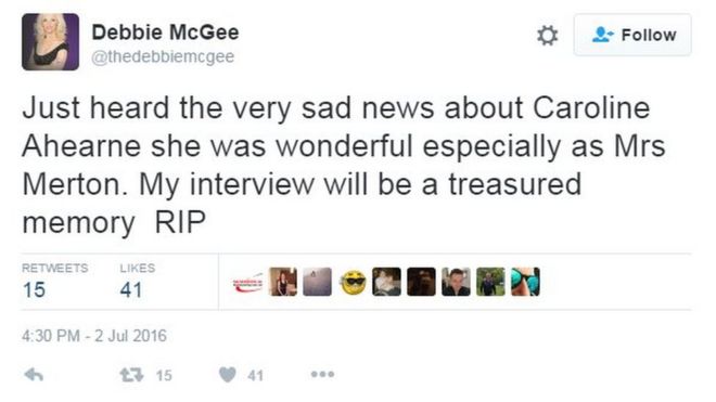 Только что услышал очень печальную новость о Кэролайн Ахерн, она была замечательной, особенно в роли миссис Мертон. Мое интервью станет заветной памятью RIP
