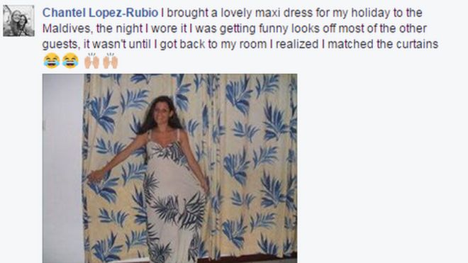 Шантель Лопес-Рубио в платье, которое подходило под шторы ее гостиничного номера