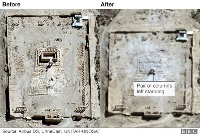 Спутниковое изображение Пальмиры, показывающее разрушение Храма Бел