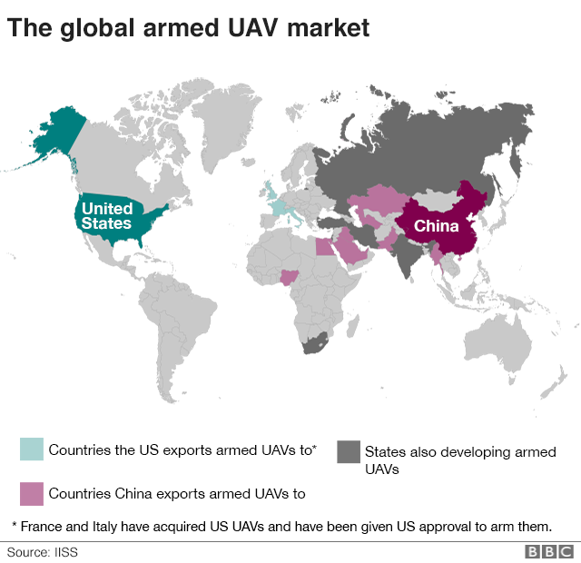 Карта, показывающая, из каких стран Китай экспортирует вооруженные беспилотники в
