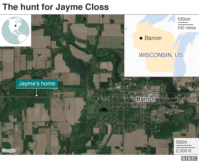 Карта с указанием местонахождения дома Джейм Клосс в Барроне, штат Висконсин