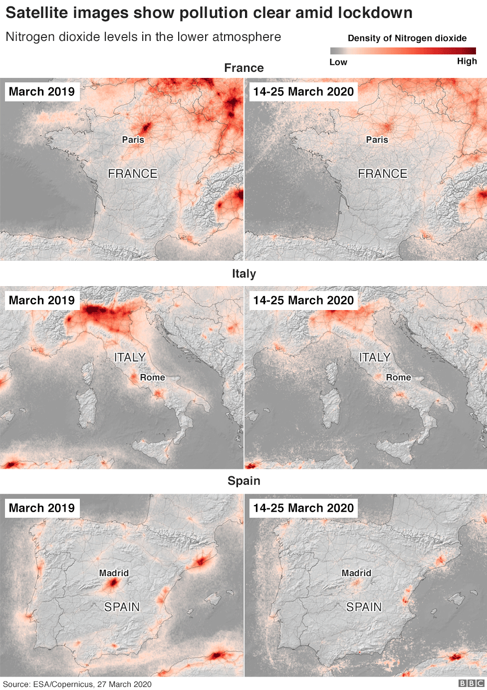 Satellite images showing level of pollutions in France, Spain and Italy