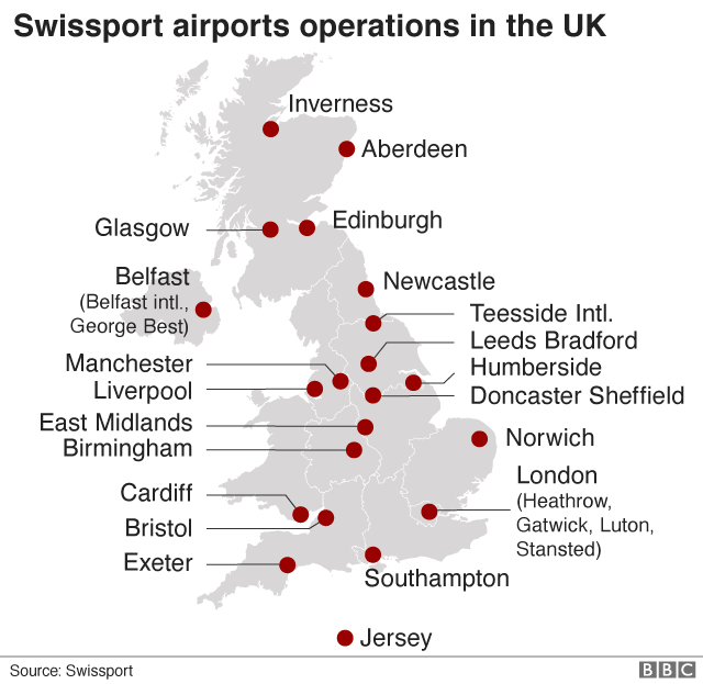 Карта, показывающая операции аэропорта Swissport в Великобритании