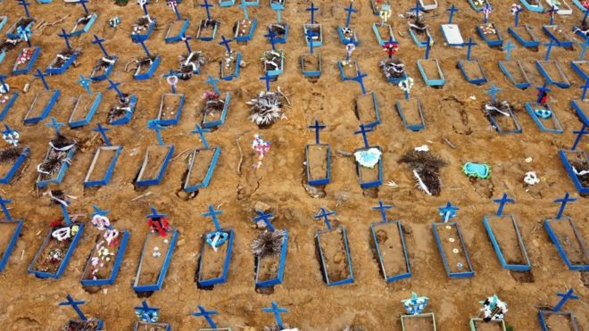 Aerial view of an area at a cemetery in Manaus, Brazil, where new graves have been dug amid the novel Covid-19 coronavirus pandemic