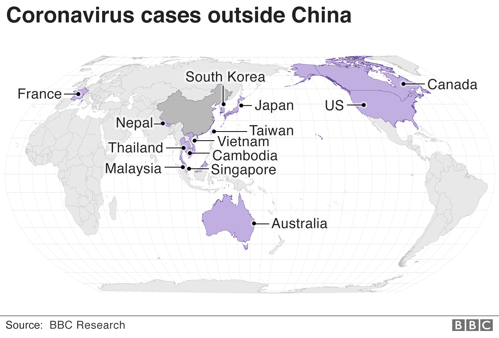 Map showing international cases of the coronavirus