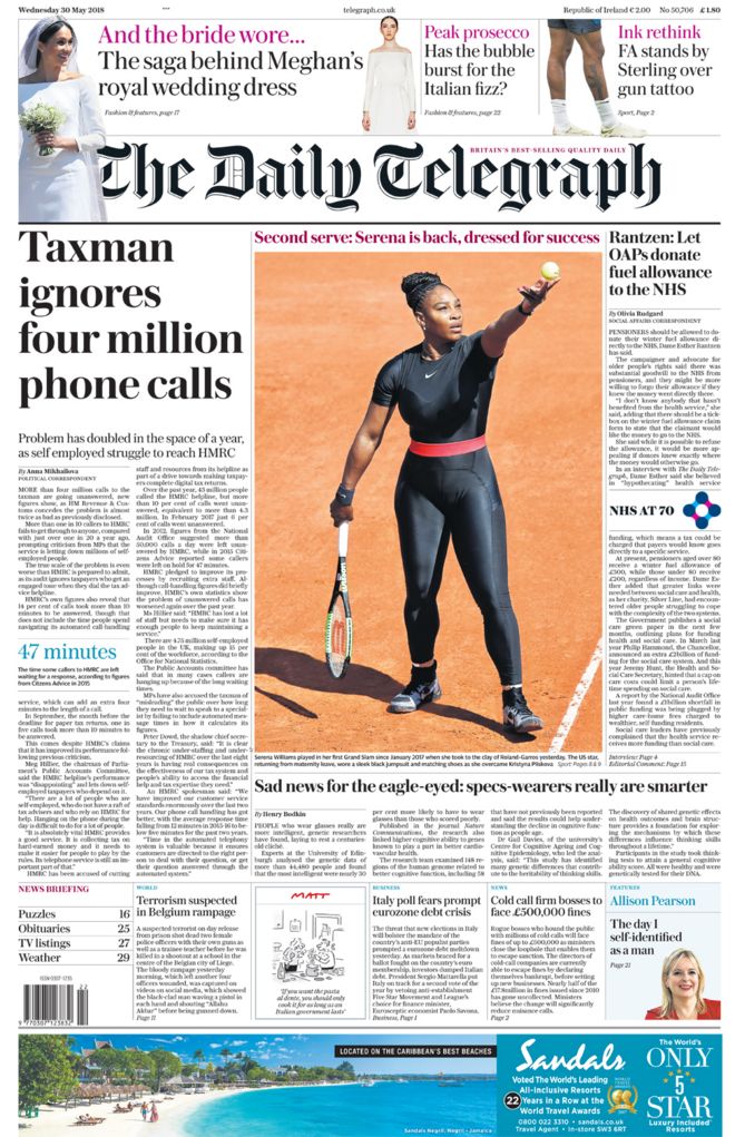 Daily Telegraph front page - 30/05/18