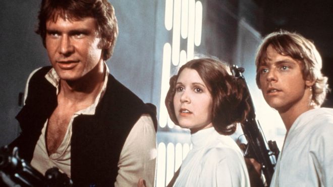 Harrison Ford, Carrie Fisher, and Mark Hamill in the original Star Wars film