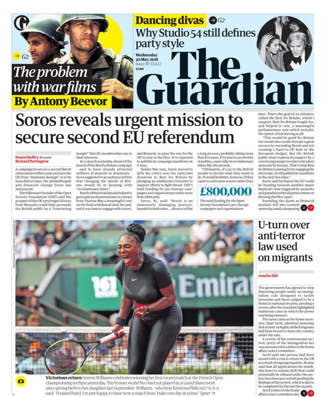 Guardian front page - 30/05/18