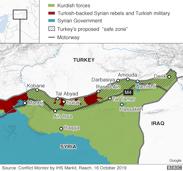 Карта, показывающая контроль над северо-востоком Сирии 16 октября 2019 года