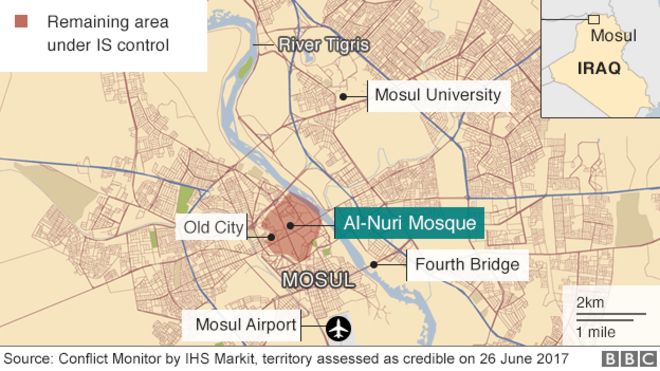 Карта, показывающая район северного иракского города Мосул, все еще контролируемого так называемым Исламским государством