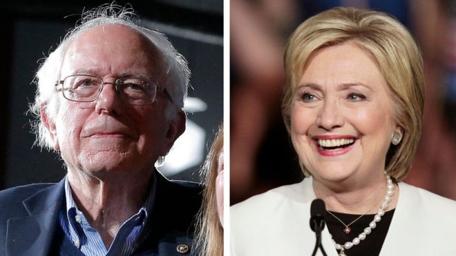 A combination photo shows Democratic U.S. presidential candidates Bernie Sanders (L) and Hillary Clinton (R) at their respective Super Tuesday primaries rally