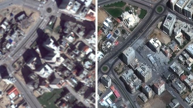 Left: Google Earth image of Gaza in 2016; right: Maxar image captured 12 May 2021