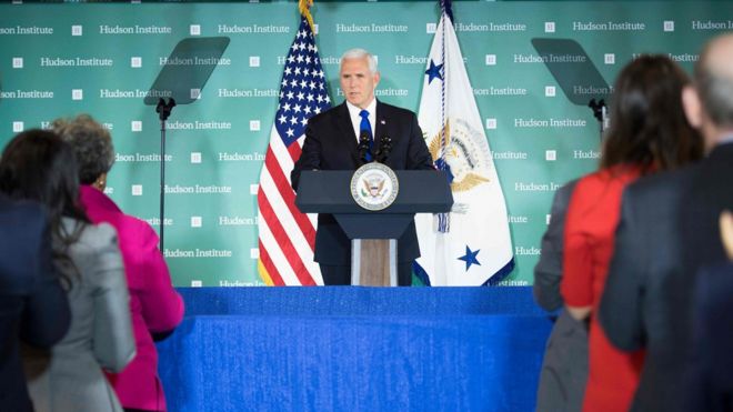 US Vice President Mike Pence addresses the Hudson Institute on the administration"s policy towards China in Washington, DC, on October 4, 2018. - Pence on Thursday accused China of seeking a change of power in the White House, stepping up allegations of electoral interference. (Photo by Jim WATSON / AFP)JIM WATSON/AFP/Getty Images