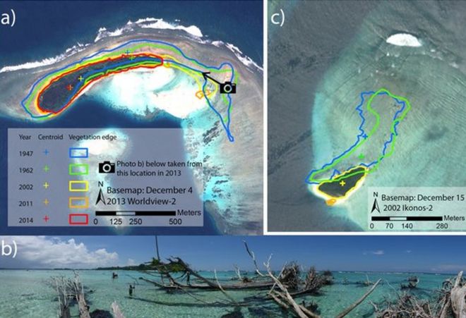 Две карты и изображение обезлесенного острова, опубликованные в журнале Environmental Research Letters в его статье за ​​май 2016 года