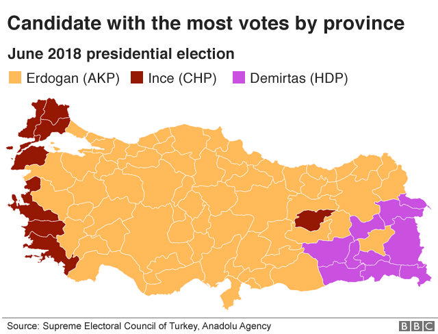 Карта Турции, показывающая, где каждый кандидат получил большинство президентских голосов - вся Турция добавлена ??в цвет г-на Эрдогана, за исключением дальнего востока (для Демирташа) и дальнего запада (для Инса).