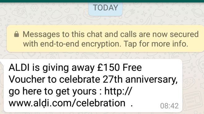Скриншот из WhatsApp, показывающий мошенничество, в котором говорится, что ALDI раздает бесплатный ваучер на ? 150 на празднование 27-й годовщины