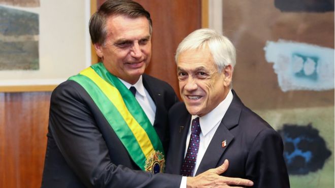 Jair Bolsonaro e Sebastián Piñera em encontro em Brasília