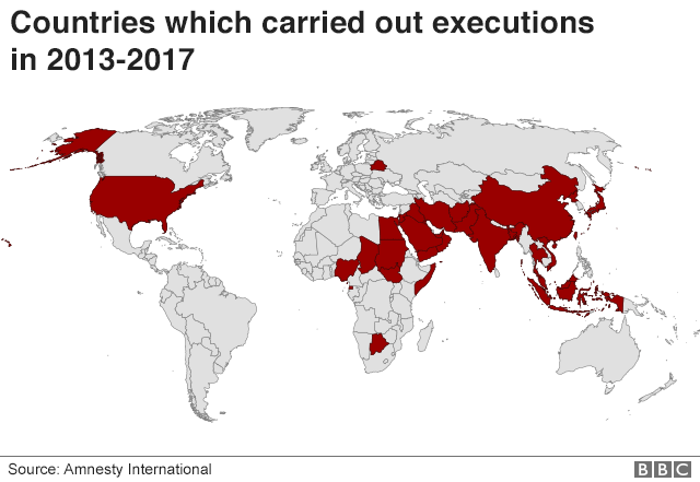 Карта, показывающая, какие страны проводили казни в 2013-2017 гг.