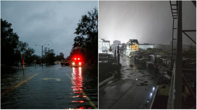 Ruas afetadas por tempestades tropicais no EUA de um lado e, em outra foto, nas Filipinas