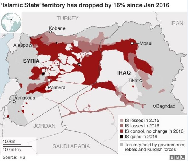 Карта, показывающая потери территории Исламского государства в 2015 и 2016 годах