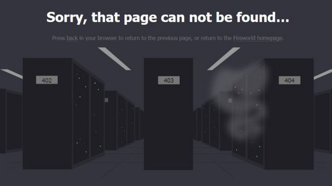 Снимок экрана с домашней страницы Fireworld с чтением & quot; Извините, эта страница не может быть найдена ... & quot;