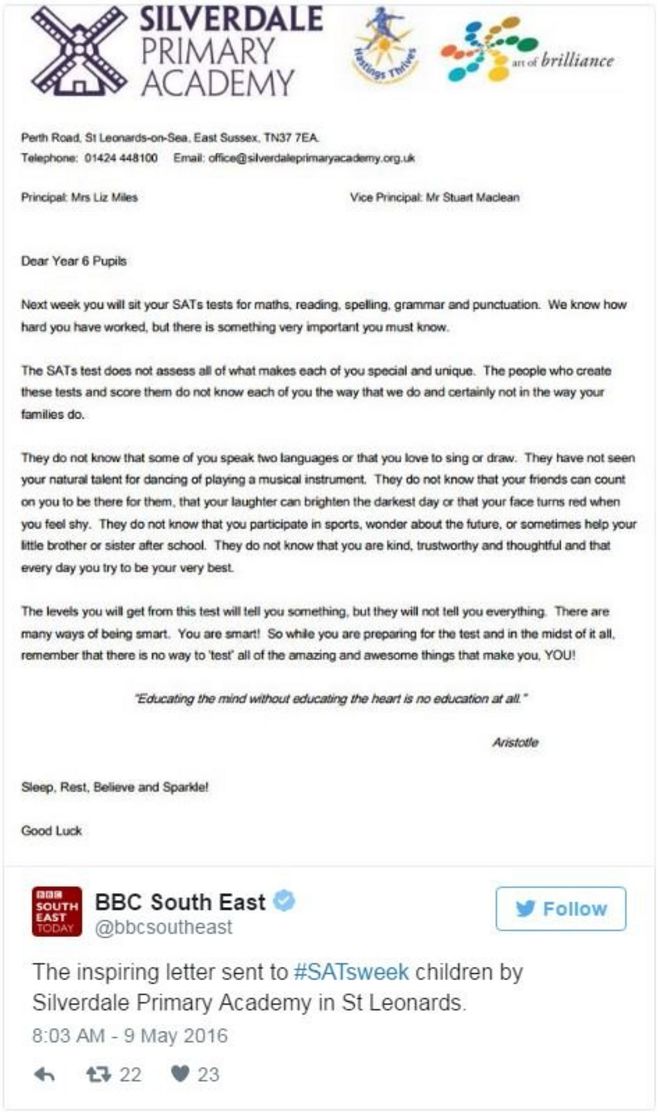 BBC Юго-Восток: вдохновляющее письмо, отправленное #SATsweek детям начальной школы Silverdale в Сент-Леонардсе.