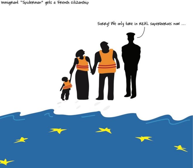 Мультфильм, показывающий, что мигранты у моря останавливаются охранником, который говорит, что Европа теперь берет только супергероев