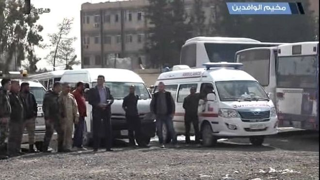 Syrian state TV aired live from an evacuation corridor in Eastern Ghouta