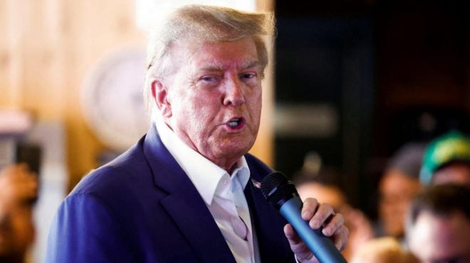 Donald Trump speaks as he campaigns at the Iowa State Fair in Des Moines, Iowa, on 12 August 2023