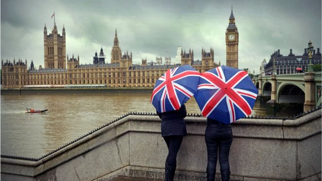Два человека смотрят на Парламент с зонтиками Union Jack
