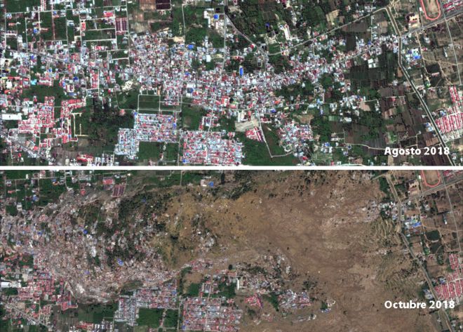Imágenes que muestran el vecindario de Balaroa antes y después del tsunami