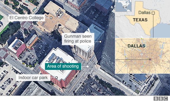 Карта Далласа, показывающая, где проходили стрельбы