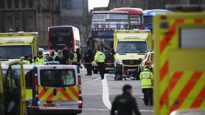 Полиция и машины скорой помощи на Вестминстерском мосту после нападения 22 марта 2017 года