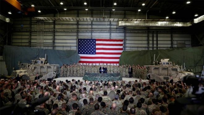 US President Donald Trump addresses US troops during an unannounced visit to Bagram air base in Afghanistan in November 2019