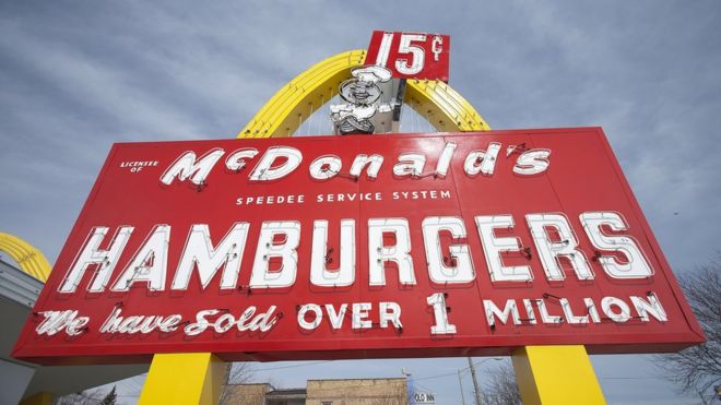 A sign at the replica of the first McDonald's restaurant