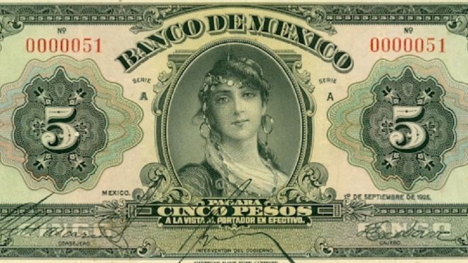 Un billete de 5 pesos del Banco de México de 1925