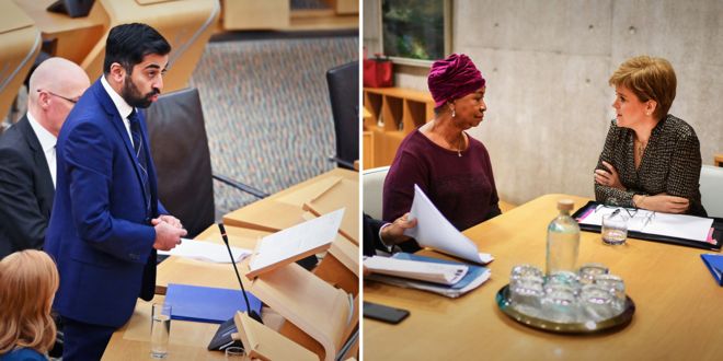 Министр юстиции Шотландии Хумза Юсуф объявляет о публичном расследовании дела Шеку Байо - и Амината Байо, мать Шеку, встречается с первым министром Николой Стерджен, 12 ноября 2019 г.