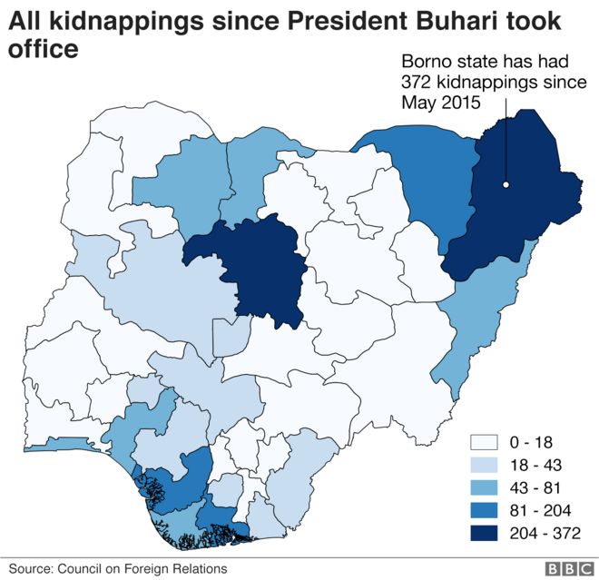 Карта похищений людей в Нигерии с 2015 года