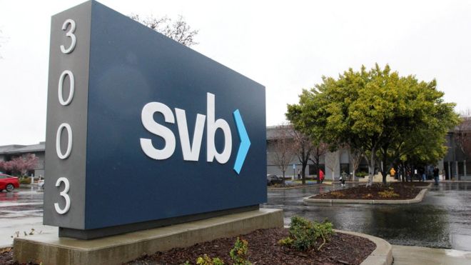 A sign for Silicon Valley Bank (SVB) headquarters is seen in Santa Clara, California