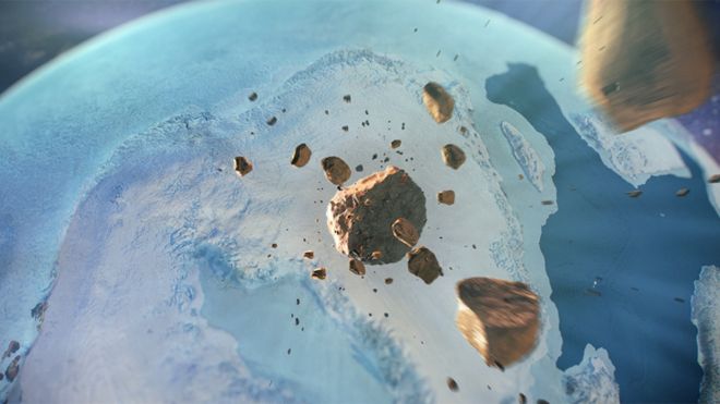 Изображение художника о железном метеорите, летящем сквозь космос, прежде чем ударить по северо-западной Гренландии