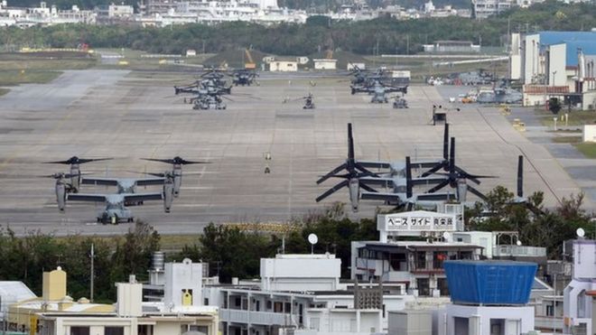 This photo taken on 14 November 2014 shows multi-mission tiltrotor Osprey aircraft at the US Marine's Camp Futenma in a crowded urban area of Ginowan, Okinawa prefecture, ahead of Okinawa's gubernatorial election