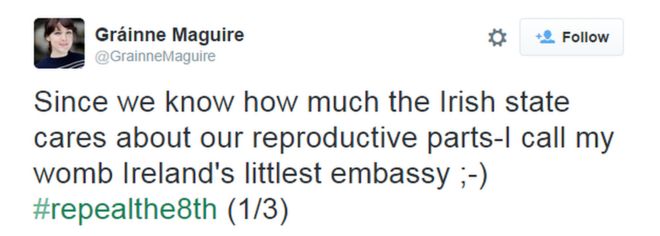 Твиттер от Грейн Магуайр: «Поскольку мы знаем, насколько ирландское государство заботится о наших репродуктивных частях, я называю свое самое маленькое посольство в Ирландии ;-) # repealthe8th (1/3) & quot;